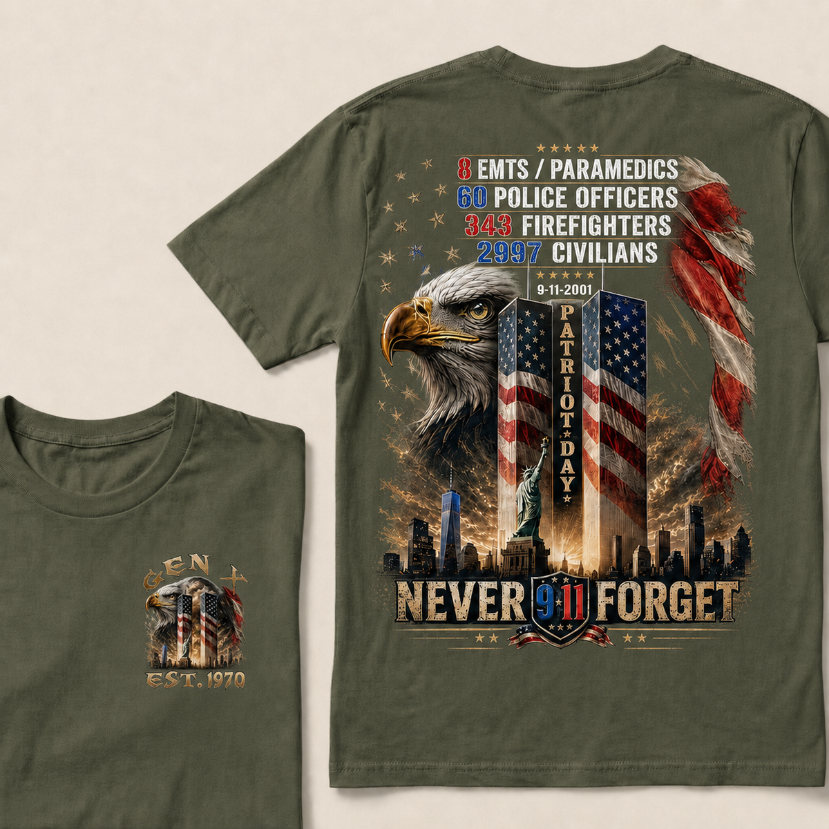 8 Emts/Paramedics 60 Police Officers 9-11-2001 Patriot Day Never Forget Custom Year T-shirt