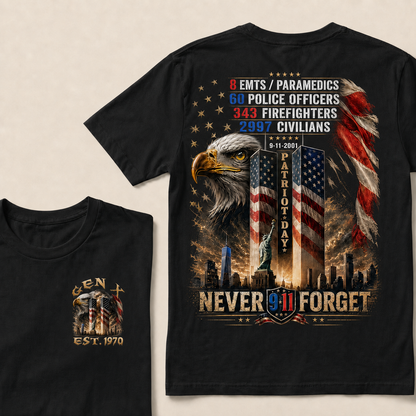 8 Emts/Paramedics 60 Police Officers 9-11-2001 Patriot Day Never Forget Custom Year T-shirt
