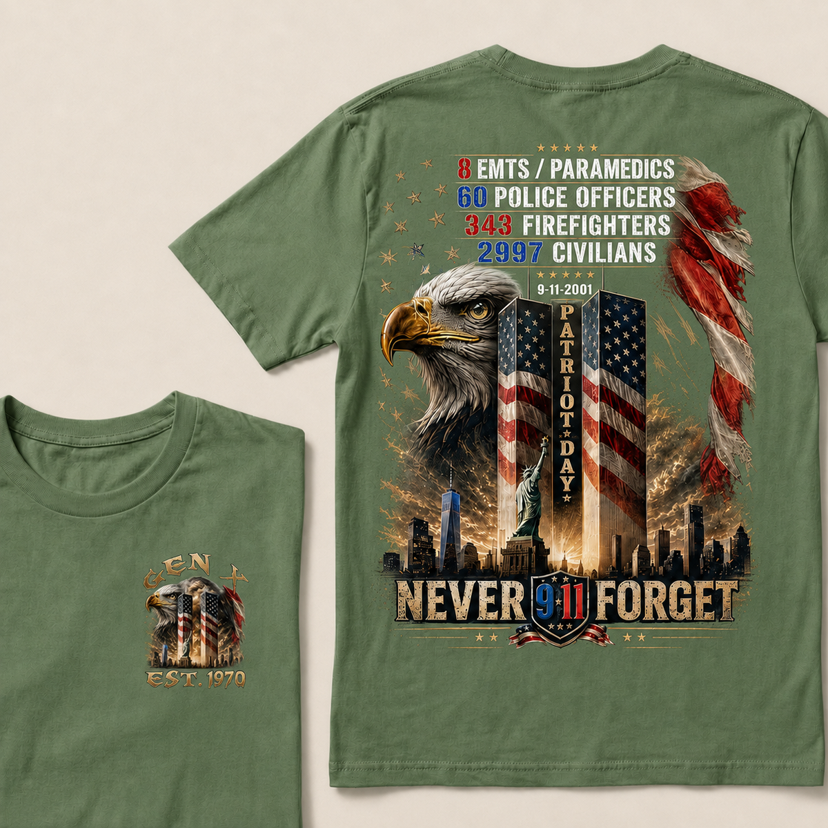 8 Emts/Paramedics 60 Police Officers 9-11-2001 Patriot Day Never Forget Custom Year T-shirt