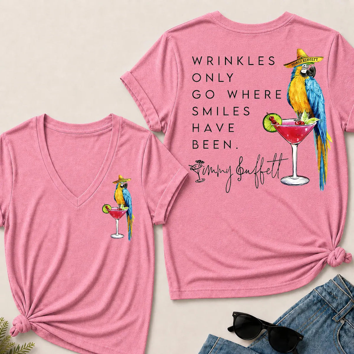 "Wrinkles Only Go Where Smiles Have Been" – Jimmy Buffett Tribute V-Neck Tee