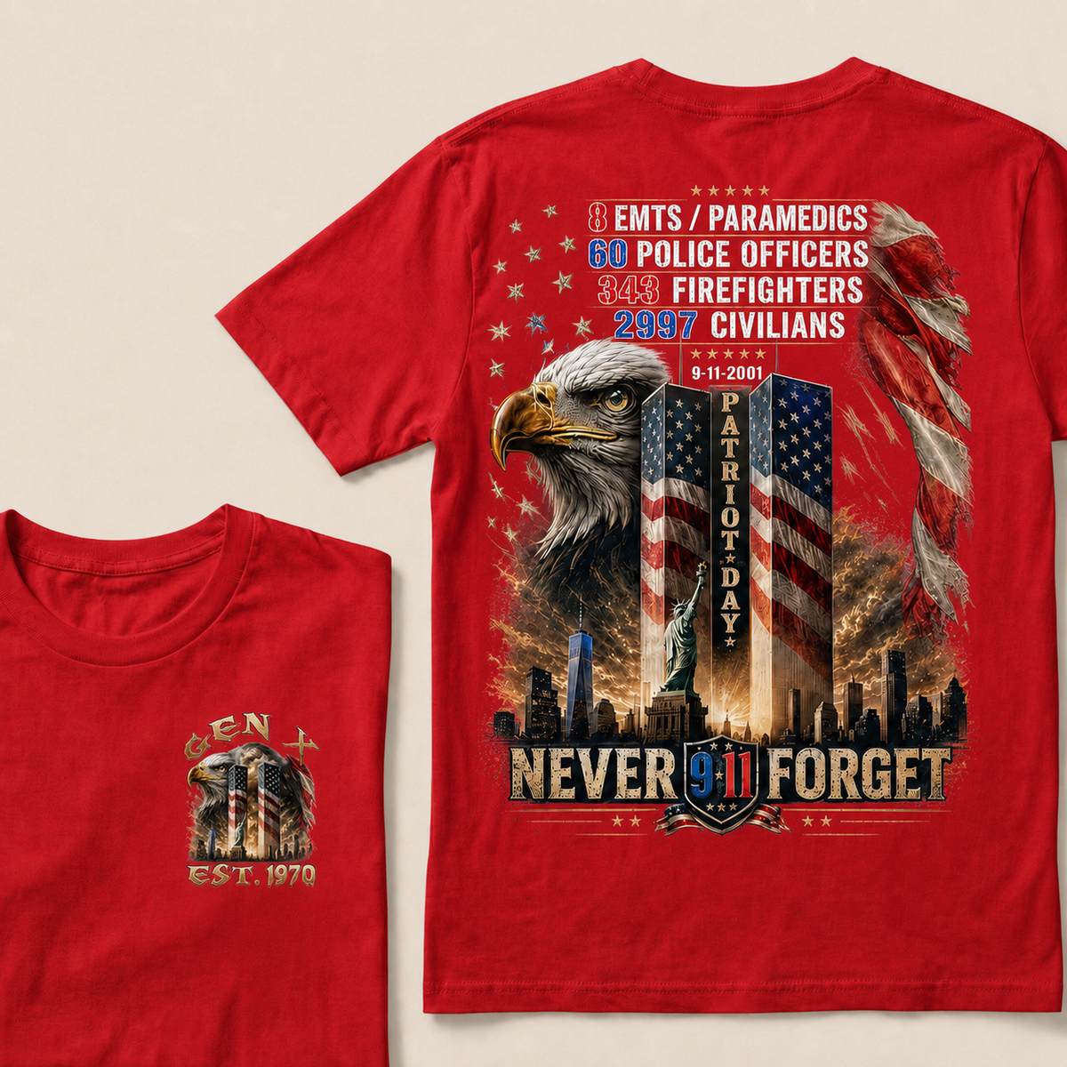 8 Emts/Paramedics 60 Police Officers 9-11-2001 Patriot Day Never Forget Custom Year T-shirt