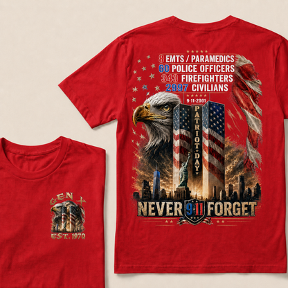 8 Emts/Paramedics 60 Police Officers 9-11-2001 Patriot Day Never Forget Custom Year T-shirt