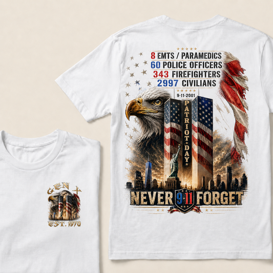 8 Emts/Paramedics 60 Police Officers 9-11-2001 Patriot Day Never Forget Custom Year T-shirt
